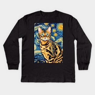 Bengal Cat Breed Painting in a Van Gogh Starry Night Art Style Kids Long Sleeve T-Shirt